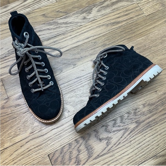 COACH Ester Embossed Black Suede Monogrammed Ankle Booties Boots Black 6.5 - Picture 7 of 10